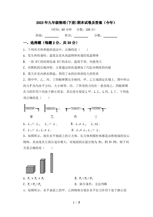 2023年九年级物理(下册)期末试卷及答案(今年)