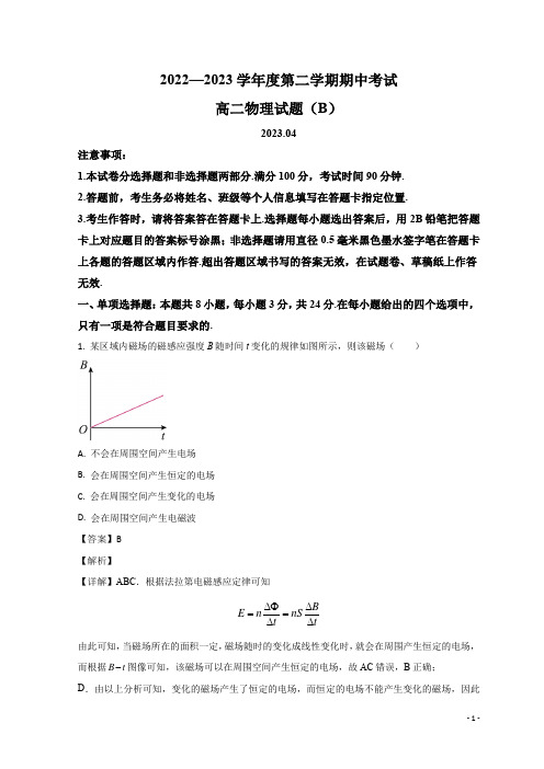 2022-2023学年山东省菏泽市高二下学期期中考试物理试题 解析版