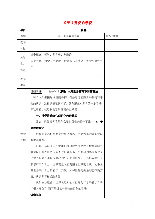 安徽省长丰县高中政治第一课第二框关于世界观的学说教案4教案