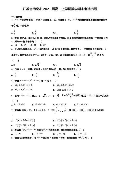 江苏省南京市2021届高二上学期数学期末考试试题