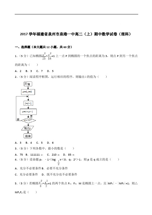 【精品】学2020年福建省泉州市泉港一中高二上学期期中数学试卷和解析(理科)