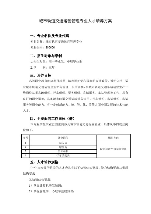 城市轨道交通运营管理专业人才培养方案