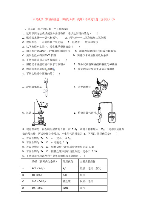 中考化学《物质的鉴别、推断与分离、提纯》专项复习题(含答案)(2)