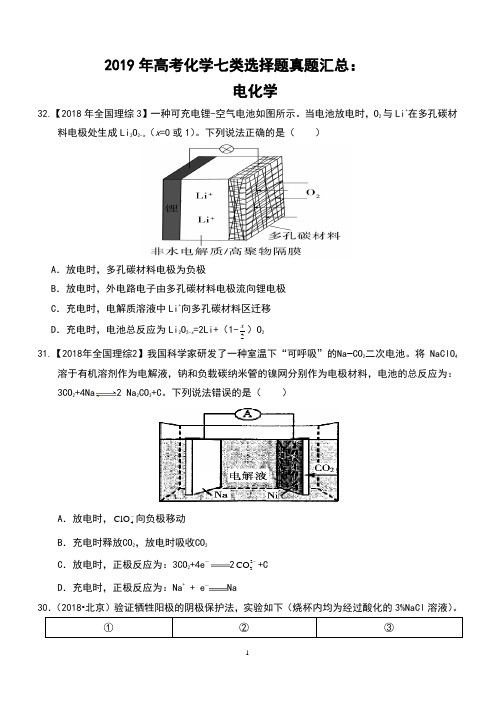 2019年高考化学七类选择题真题汇总：电化学(含答案)