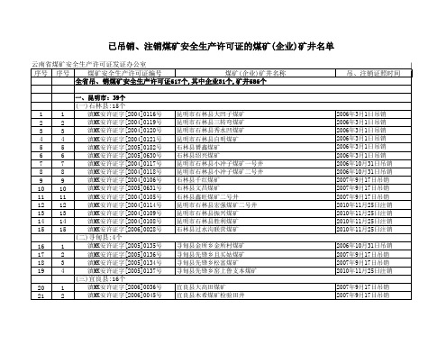 云南吊销、注销煤矿安全生产许可证的煤矿(企业)矿井名