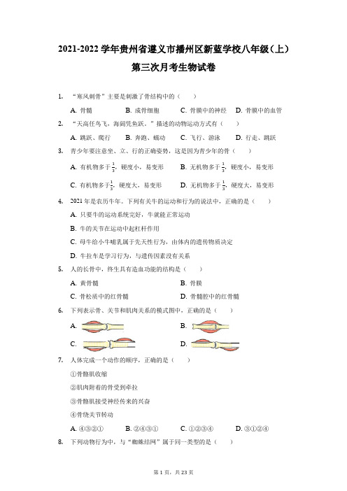 2021-2022学年贵州省遵义市播州区新蓝学校八年级(上)第三次月考生物试卷(附答案详解)