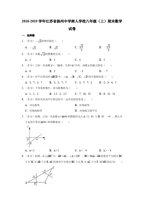 2018-2019学年江苏省扬州中学树人学校八年级(上)期末数学试卷(解析版)