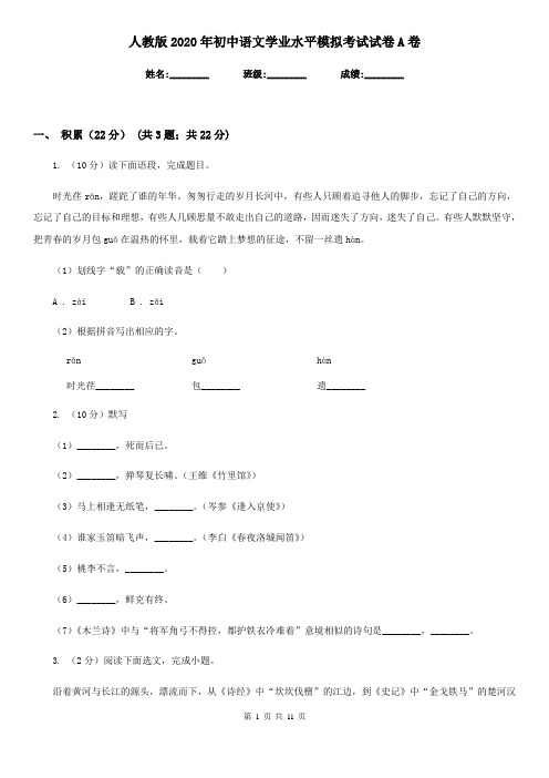 人教版2020年初中语文学业水平模拟考试试卷A卷