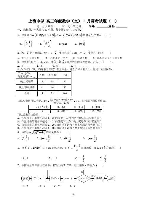 2015 1月周考1文数卷答案