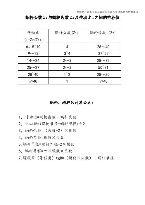 蜗轮蜗杆计算公式与齿数和头数及传动比之间的推荐值