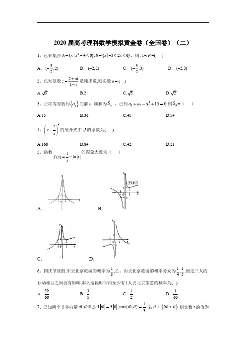 2020届高考理科数学模拟黄金卷(全国卷)(二)+答案详解+评分标准