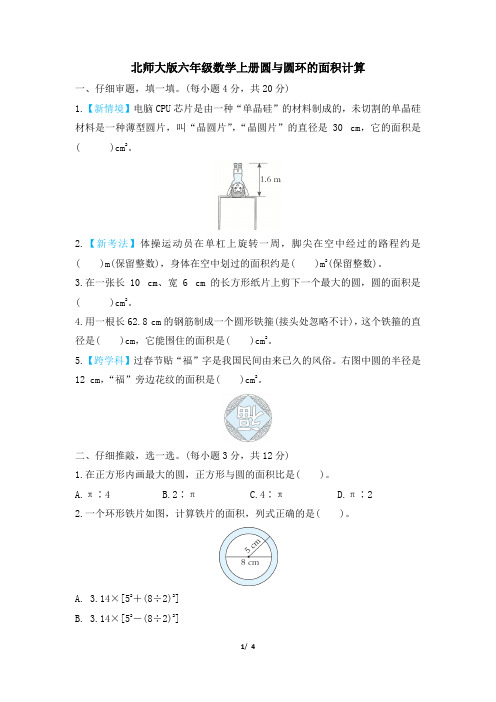 北师大版六年级数学上册期末 圆与圆环的面积计算 专项试卷附答案