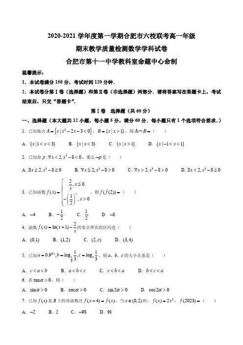 安徽省合肥市六校2020-2021学年高一上学期期末联考数学试题