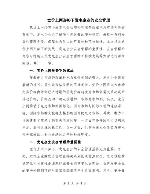 竞价上网形势下发电企业的安全管理