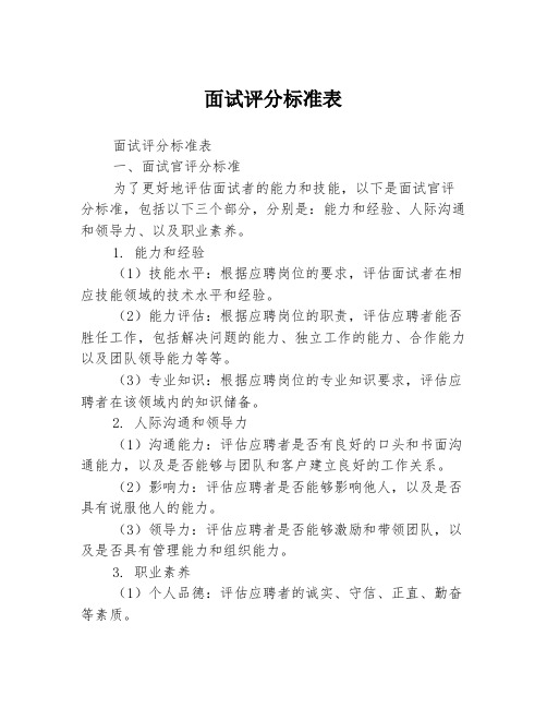 面试评分标准表