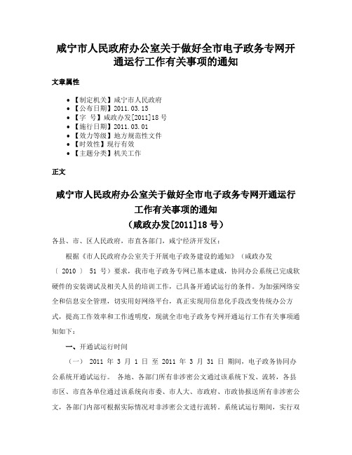 咸宁市人民政府办公室关于做好全市电子政务专网开通运行工作有关事项的通知