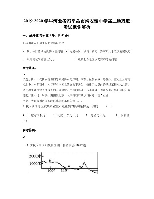 2019-2020学年河北省秦皇岛市靖安镇中学高二地理联考试题含解析