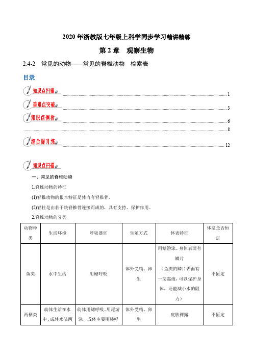 专题2.4.2常见的动物——常见的脊椎动物 检索表(原卷版+解析)