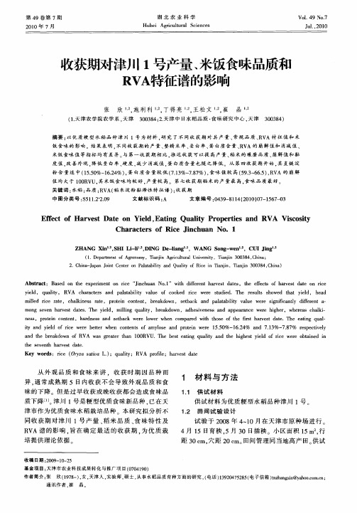 收获期对津川1号产量、米饭食味品质和RVA特征谱的影响
