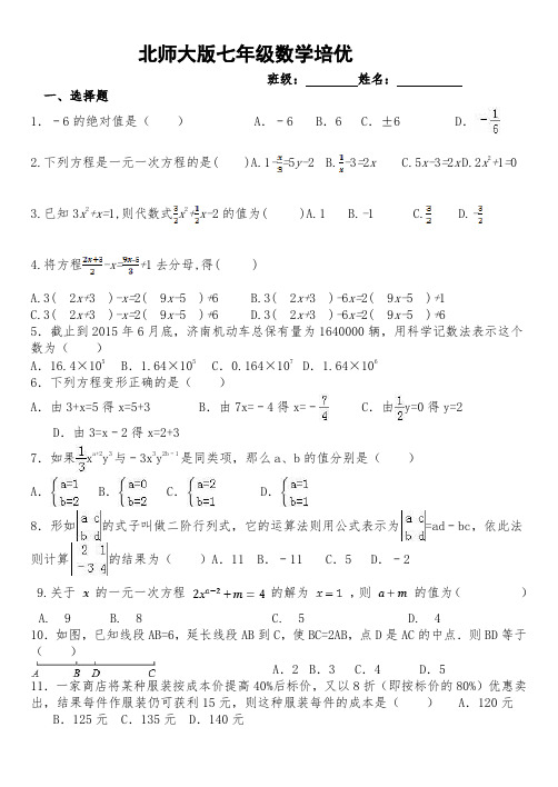 北师大版七年级数学培优   