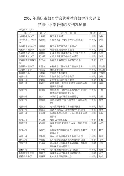 2008年肇庆市教育学会优秀教育教学论文评比