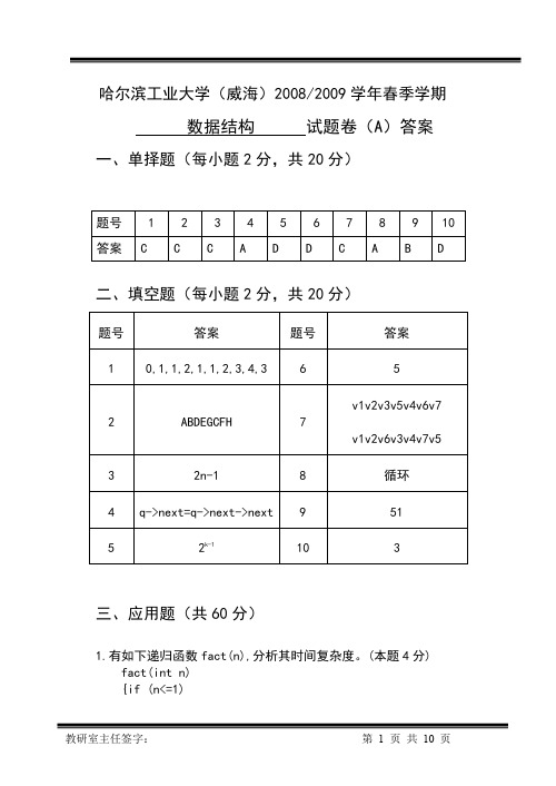 数据结构试卷2009A答案