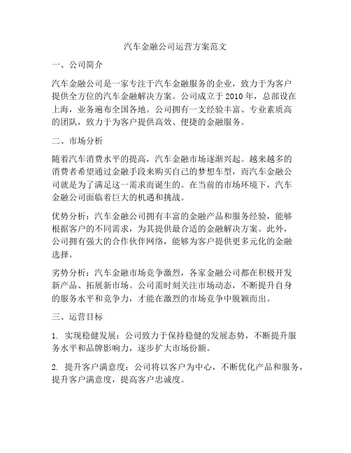 汽车金融公司运营方案范文