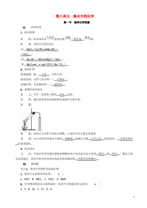 新版鲁教版2019年秋九年级化学下册第八单元海水中的化学第一节海洋化学资源同步测试