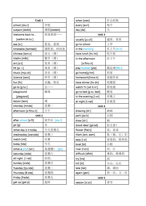 译林版小学英语四年级下册单词表