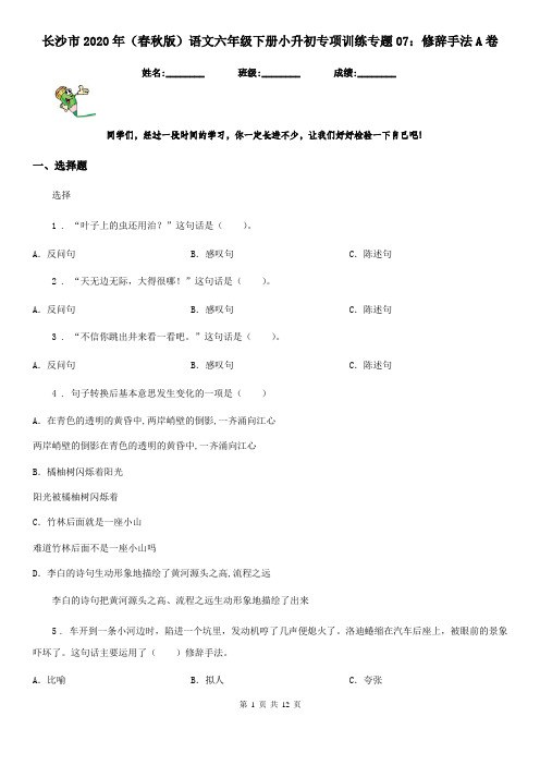 长沙市2020年(春秋版)语文六年级下册小升初专项训练专题07：修辞手法A卷