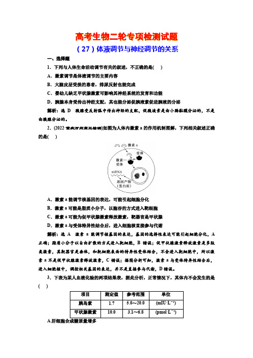 高考生物二轮专项检测试题(27)  体液调节与神经调节的关系