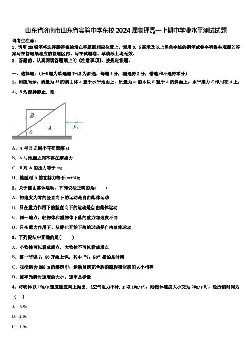 山东省济南市山东省实验中学东校2024届物理高一上期中学业水平测试试题含解析