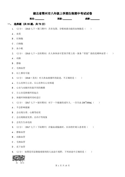 湖北省鄂州市八年级上学期生物期中考试试卷