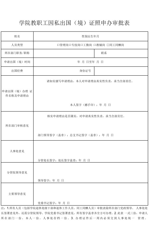 学院教职工因私出国(境)证照申办审批表