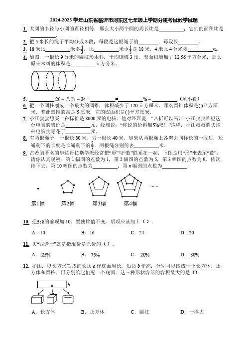 2024-2025学年山东省临沂市河东区七年级上学期分班考试数学试题