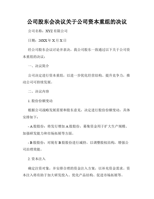 公司股东会决议关于公司资本重组的决议