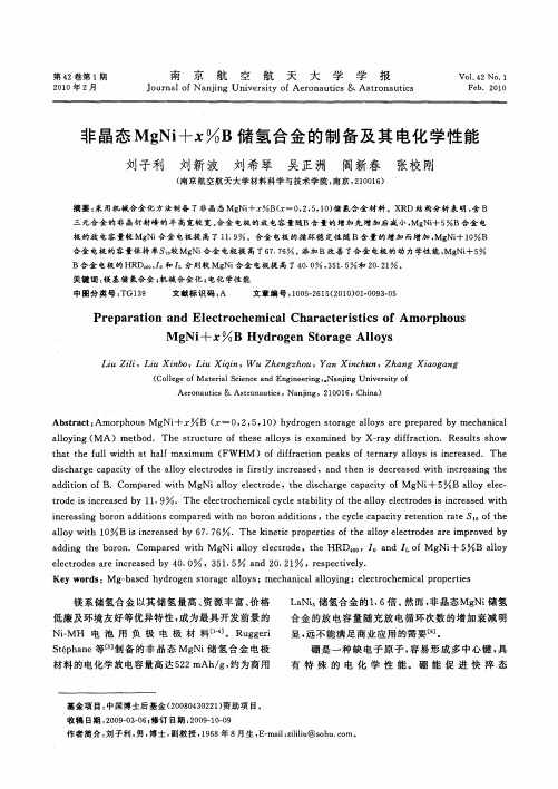 非晶态MgNi+x%B储氢合金的制备及其电化学性能