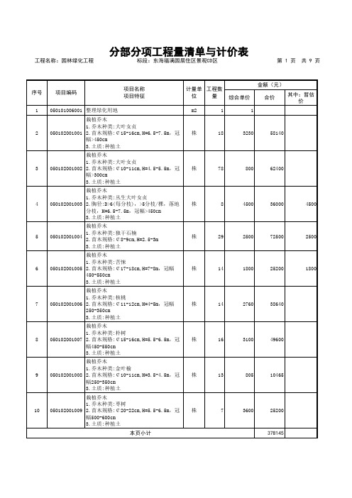 园林绿化工程报价单