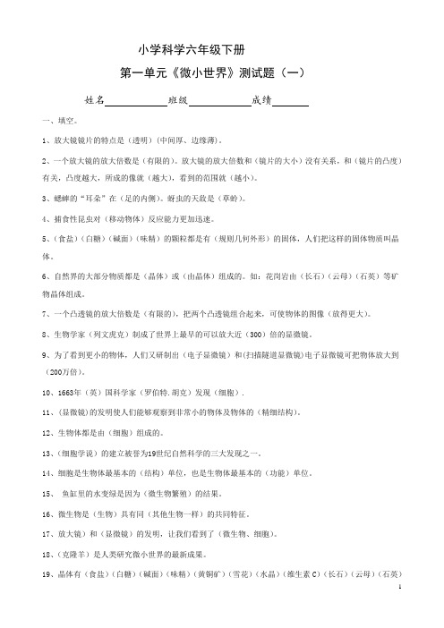 教科版六年级科学下册第一单元《微小世界》检测试题