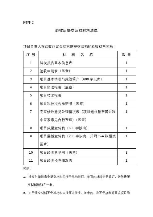 验收后提交归档材料清单【模板】