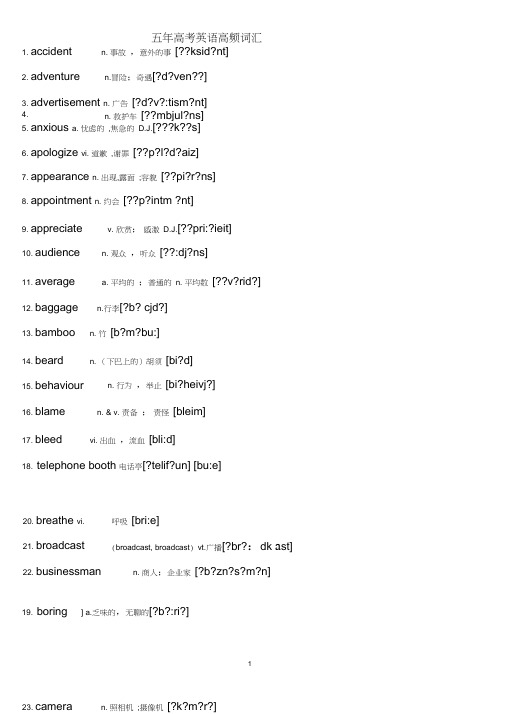 (完整word)(原创)五年高考英语高频词汇带音标