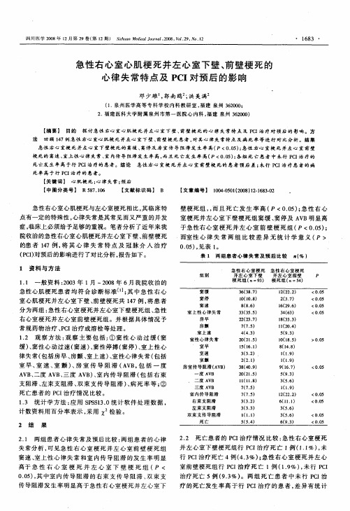 急性右心室心肌梗死并左心室下壁、前壁梗死的心律失常特点及PCI对预后的影响