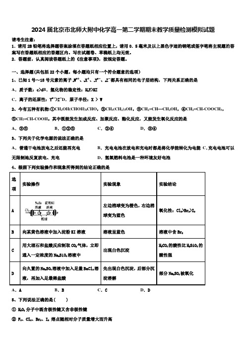 2024届北京市北师大附中化学高一第二学期期末教学质量检测模拟试题含解析