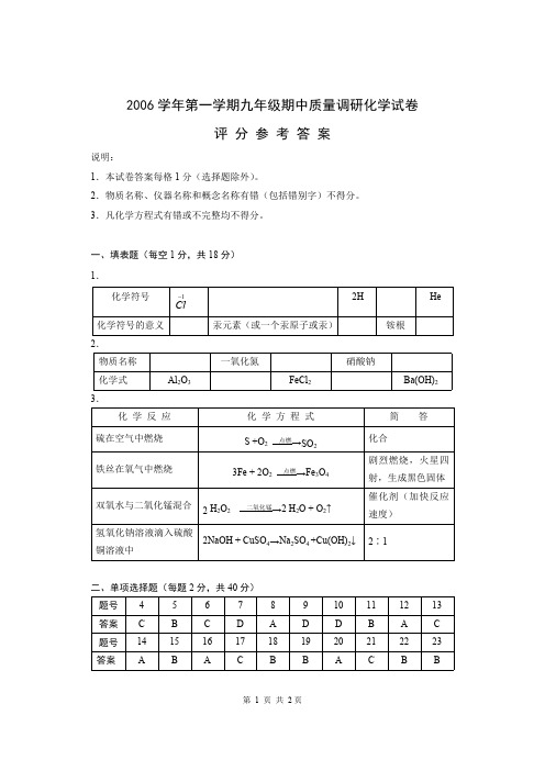 2006学年第一学期九年级期中质量调研化学试卷