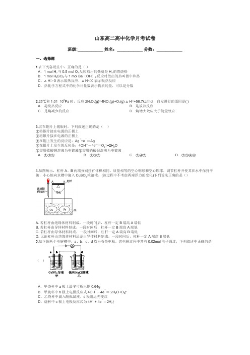 山东高二高中化学月考试卷带答案解析
