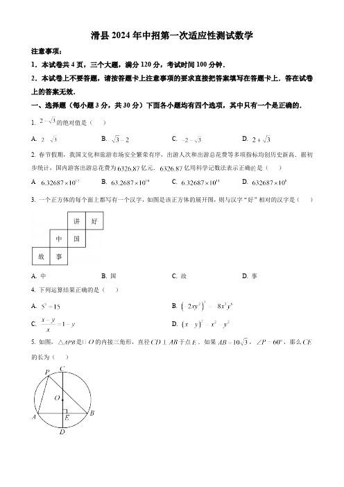 河南省安阳市滑县2024年中考一模数学模拟试题(含解析)