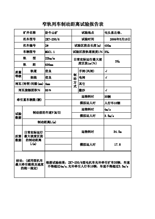 2#窄轨列车制动距离试验报告表