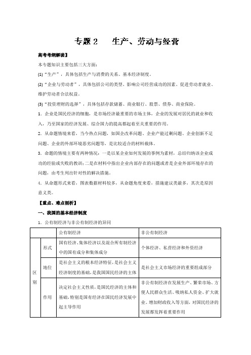 [高三政治]一轮复习人教A版 命题猜想二  生产、劳动与经营教案.doc