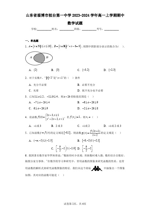 山东省淄博市桓台第一中学2023-2024学年高一上学期期中数学试题