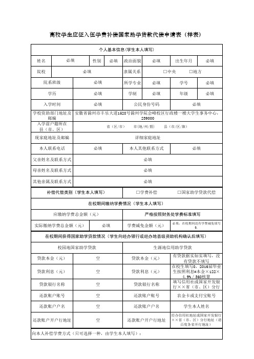 高校学生应征入伍学费补偿国家助学贷款代偿申请表(样表)